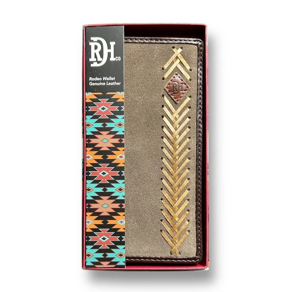 Red Dirt Hat Co Rodeo Wallet Brown‎ Tan Leather Suede Weave Western Cowboy RFID